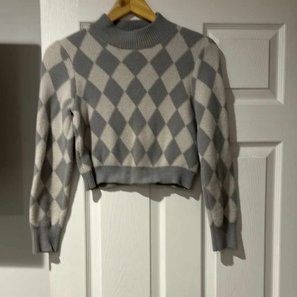 Turtleneck  Gray and Cream Argyle Women's Sweater
